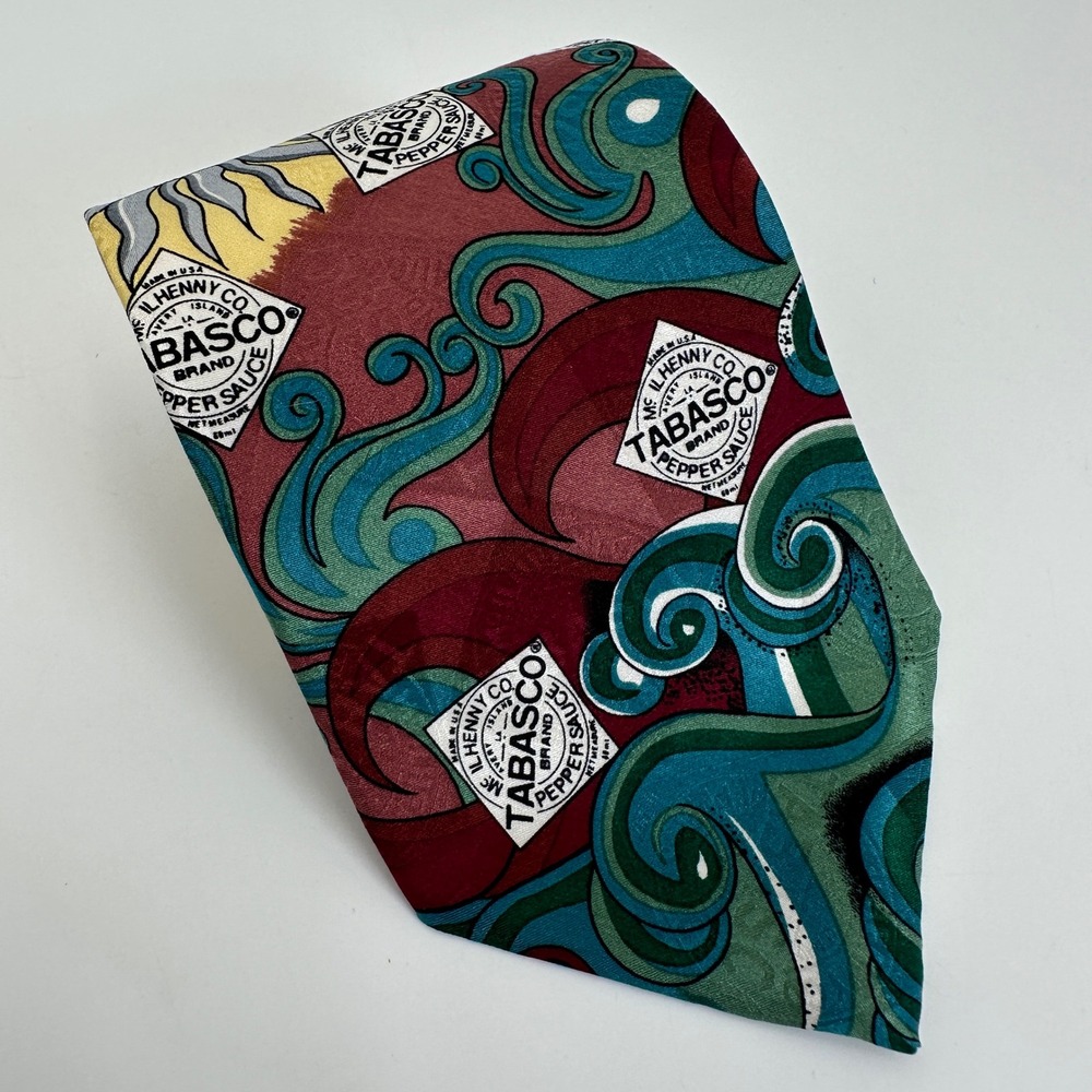 Tabasco Necktie Mens One Size Multicolor Silk Sun Face Waves Logo Novelty Tie